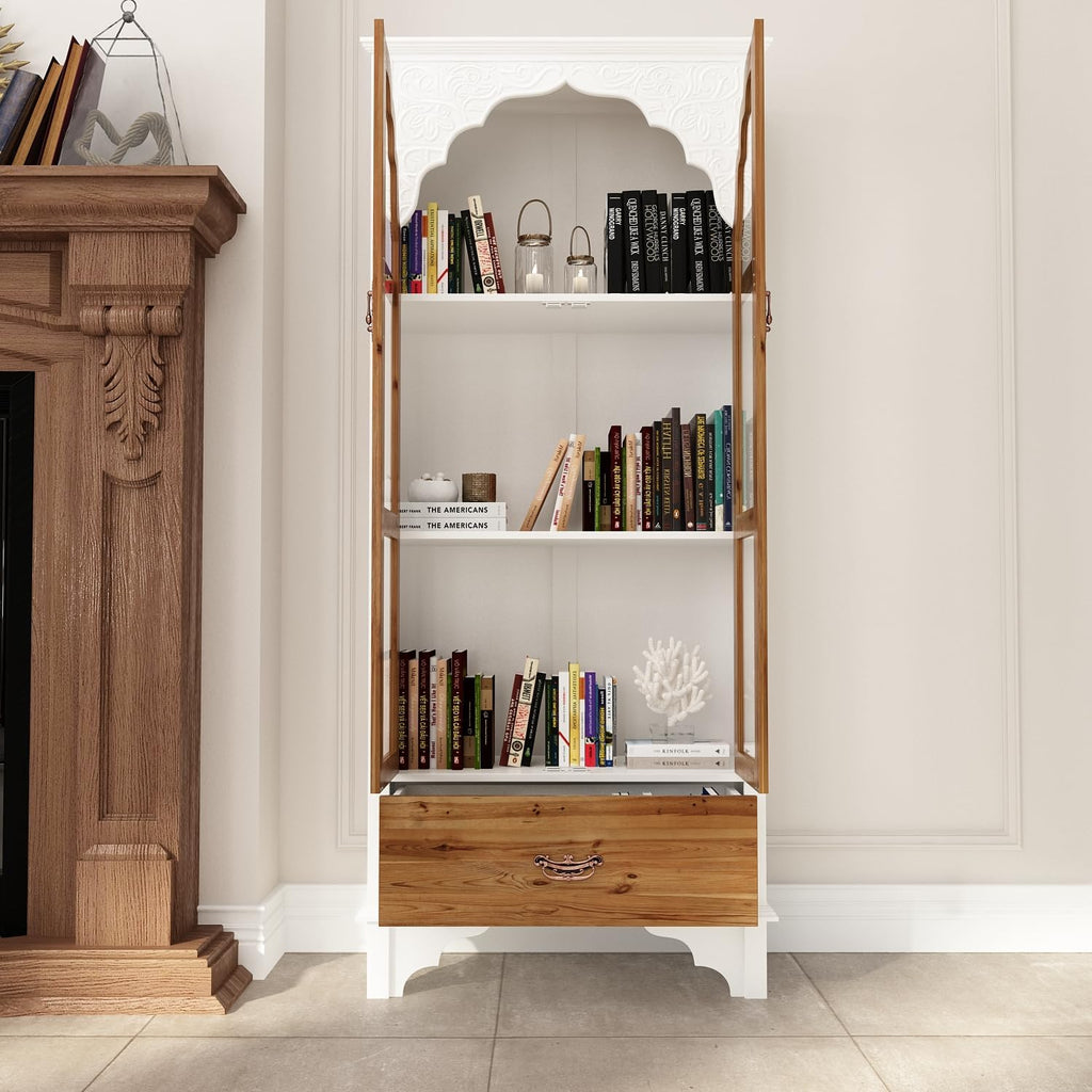 Carved Storage Cabinet with 2 Glass Doors & Drawer, Pooja Mandir with 3-Tier Shelves, Decorative Cabinet Display Cabinets for Living Room White and Walnut (31.5'W x 15.7'D x 70.9'H)
