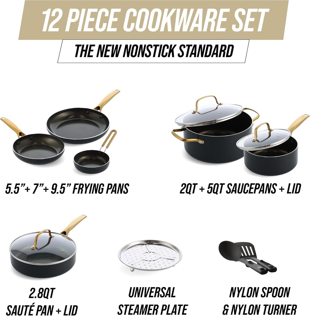 Blue Diamond Gold 12 Piece Cookware Set, PFAS-Free Ceramic Nonstick Pots & Pans, Induction Ready for All Cooktops, Kitchen Serving Utensils, Dishwasher Safe, Black