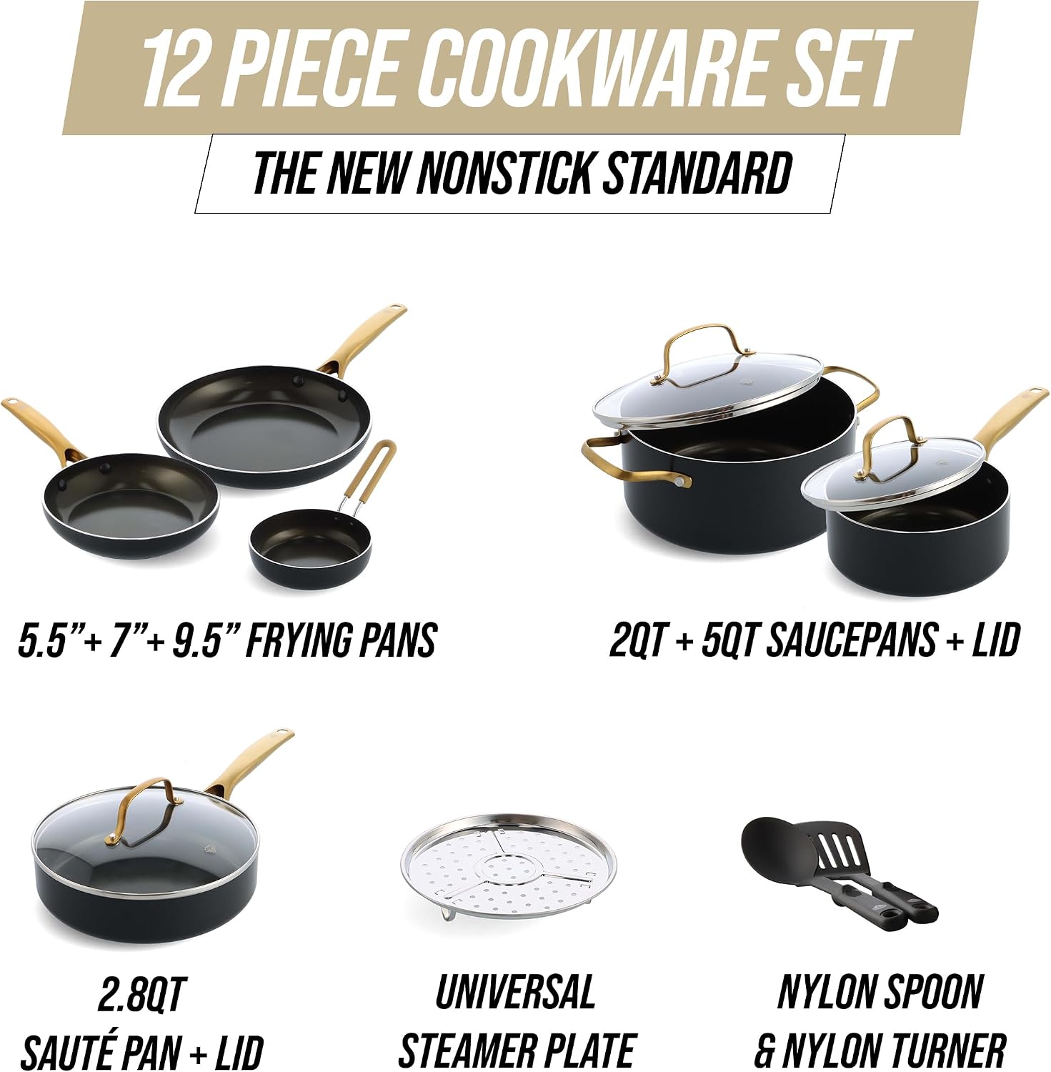 Blue Diamond Gold 12 Piece Cookware Set, PFAS-Free Ceramic Nonstick Pots & Pans, Induction Ready for All Cooktops, Kitchen Serving Utensils, Dishwasher Safe, Black