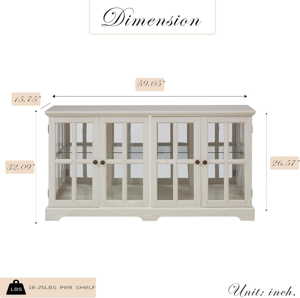59' W LED Curio Cabinet with 7 Color Lights, Vintage Glass Display Case with Glass Doors, Smartphone-Controlled, Short Wooden China Cabinet with Adjustable Shelves for Living Room, Entryway (White)