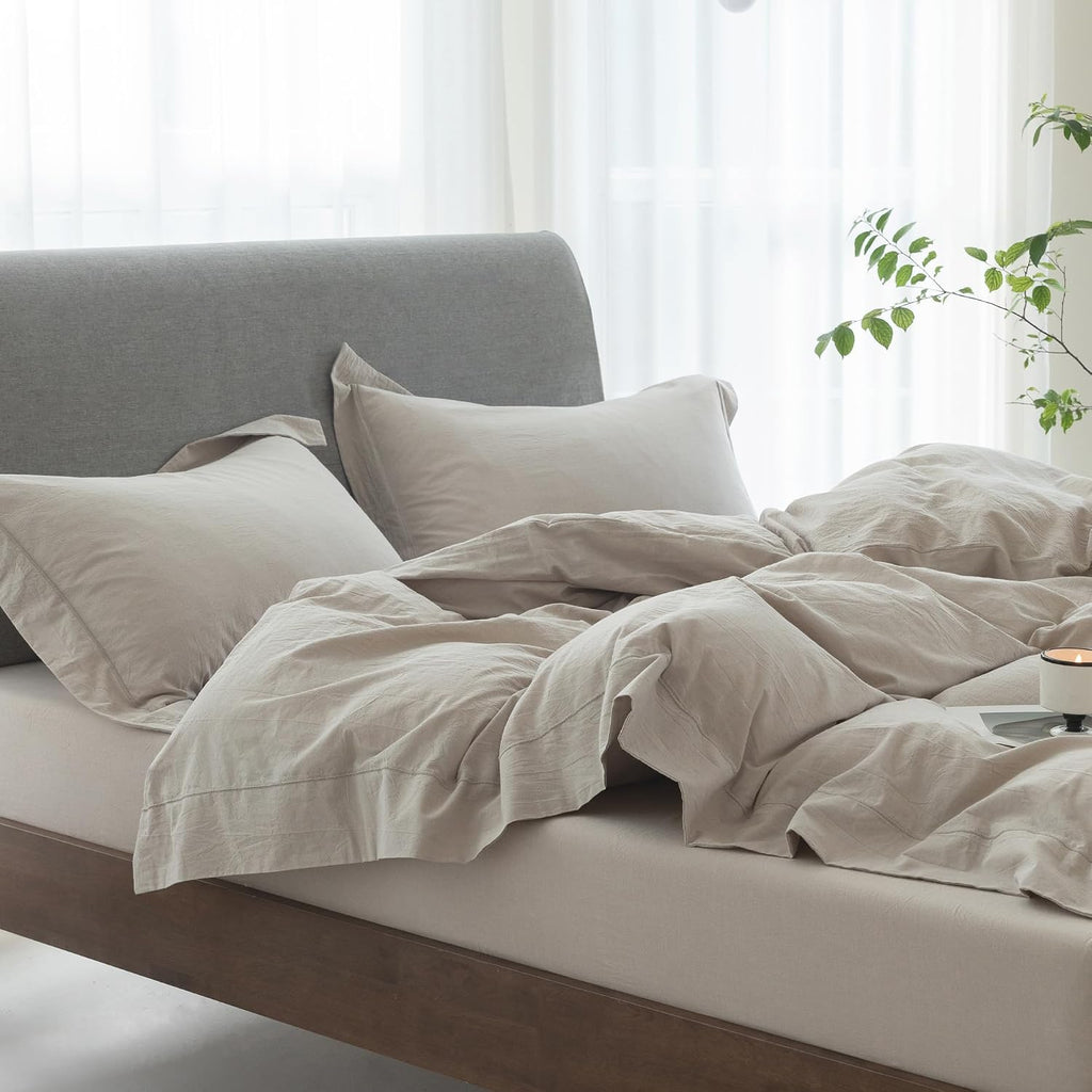 Cooling Duvet Cover Set 3 Pieces-100% Washed Cotton with Chic Wide Trim Design Linen Like Textured Ultra Soft Cozy Bedding with Zipper Closure(Hemmed Beige Grey,Oversized King 120'x98')