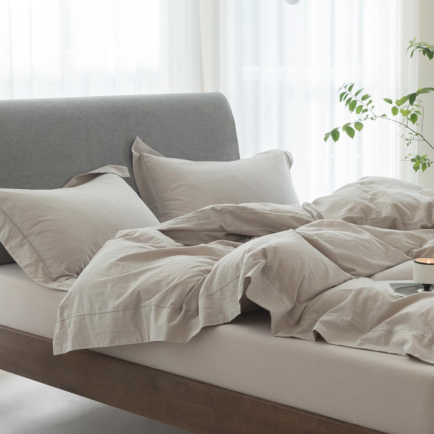 Cooling Duvet Cover Set 3 Pieces-100% Washed Cotton with Chic Wide Trim Design Linen Like Textured Ultra Soft Cozy Bedding with Zipper Closure(Hemmed Beige Grey,Oversized King 120'x98')