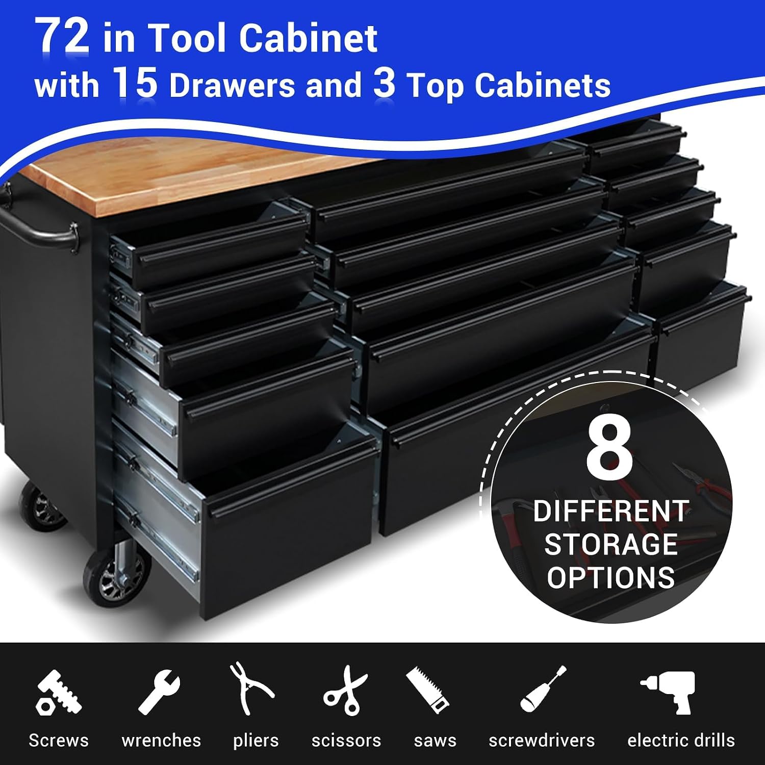 CHETTO C 72 Inch Tool Box Rolling Tool Chest 3 Upper Cabinets with 15 Storage Drawers Pegboard Large Toolbox with Wheels for Garage Warehouse Basement Home Pantry (Black)