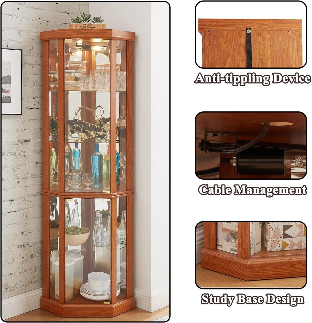 69' H Lighted Corner Display Cabinet, 5-Tier Wooden Curio Glass Cabinet with Adjustable Shelves & Glass Door, Corner Storage Display Case with Mirrored Back Pane for Living Room (Dark Oak)