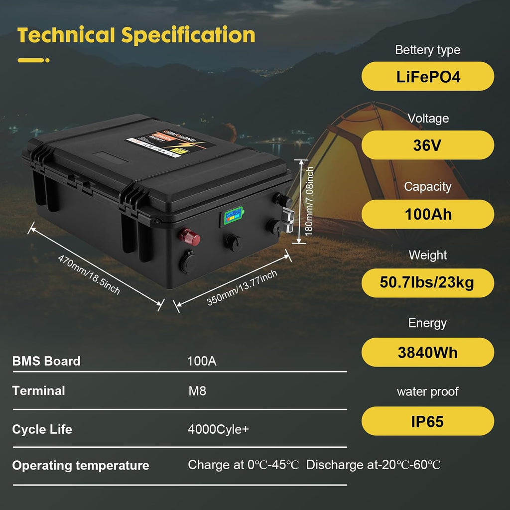 36V 100Ah LiFePO4 Battery with IP67 Waterproof Case, Built-in Monitor & Anderson Plug, 120A Smart BMS, Grade A Cells Lithium Battery for 36V Trolling Motor, Golf Cart, Marine, RV, Solar
