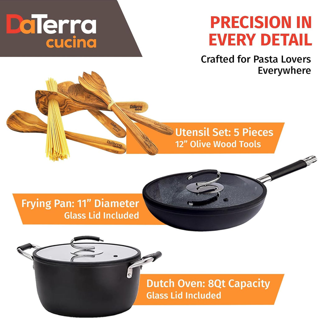 DaTerra Cucina Nonstick Large Pasta Bundle – Induction Compatible Ceramic Coated Non Stick Frying Pan & Dutch Oven Set w/Olive Wood Utensils - Ideal for Frying, Sautéing & Roasting - Made in Italy