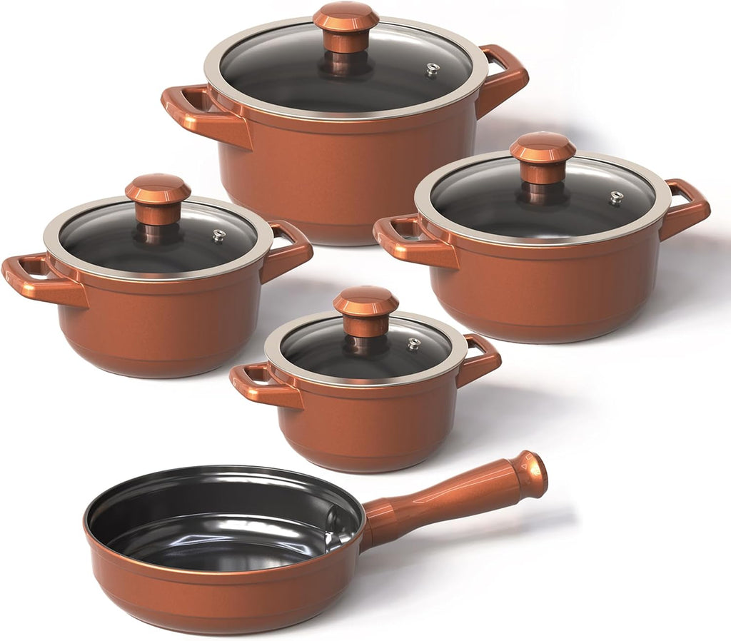Real Ceramic, Non Scratchable, Non Toxic Cookware Set - Oven Safe Up to 1200F, Stovetop Agnostic, Dishwasher Safe, Longlasting and Lightweight - PFAS, PTFE, PFOA, PFOS - Shiny Caramel