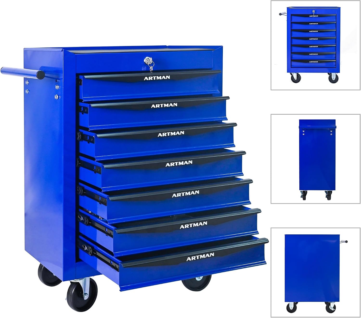 Rolling Metal Tool Chest with 7 Drawers – 20' Steel Tool Storage Box Organizer with Ball Bearing Slides & Lockable Mobile Cabinet on Wheels(Blue)