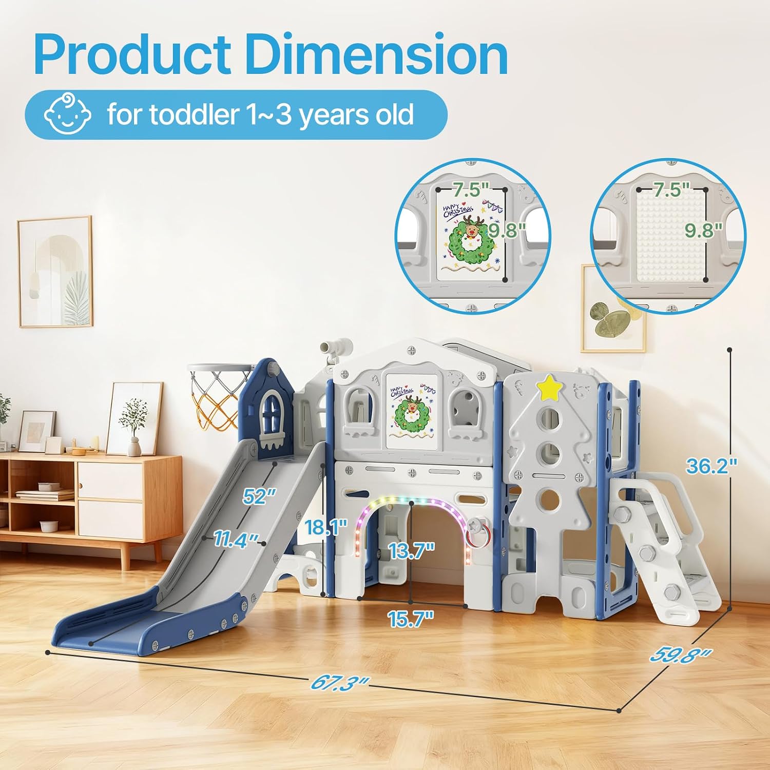 BIERUM 10 in 1 Toddler Slide Set - Baby Slide for Toddlers 1-3 with Colorful Lights, Drawing Board and Building Blocks Board, Indoor Outdoor Toddler Playset Playground, Blue Gray
