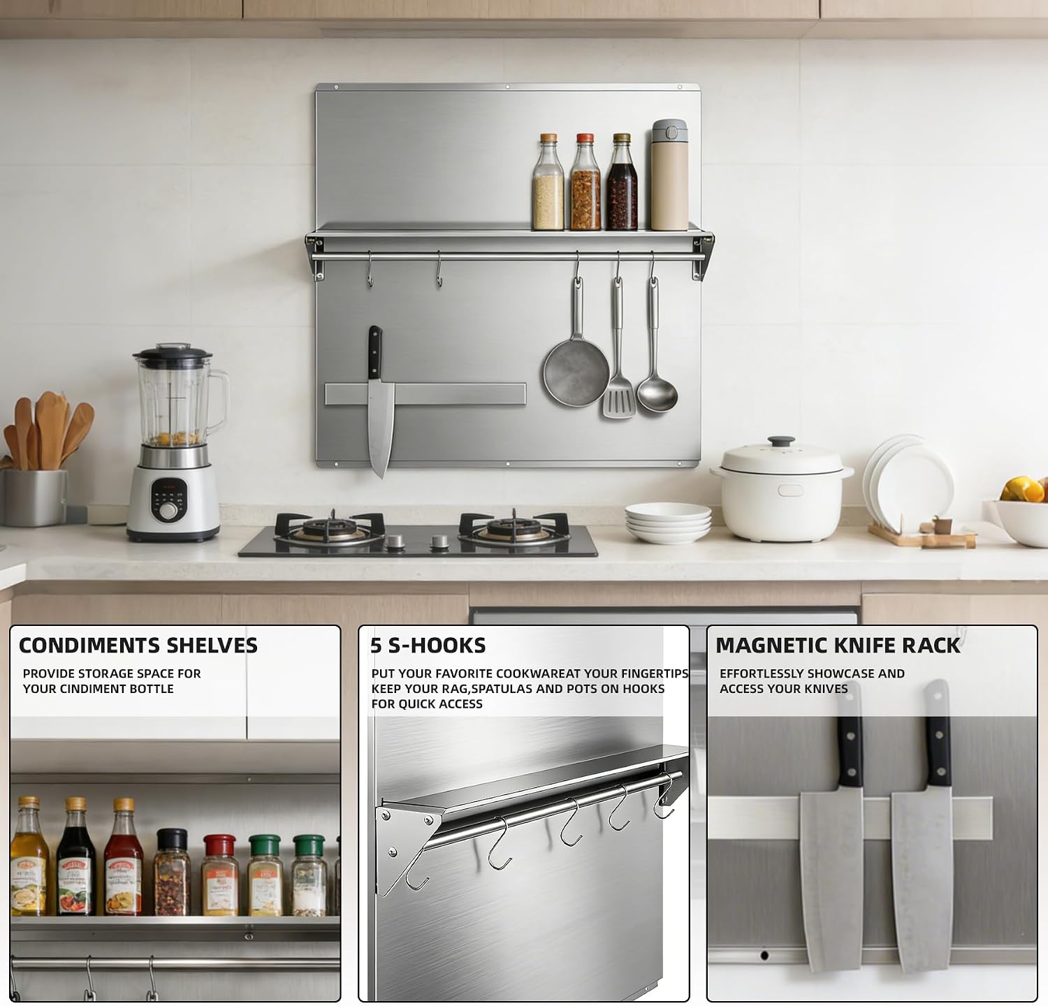 Range Backsplash – 30'x30' 304 Stainless Steel Backsplash with Storage Shelf & Magnetic Knife Holder, Stove Backsplash for Kitchen Wall Protection, Pre-Drilled Holes for Easy Installation & Easy Clean