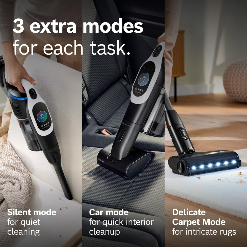 Bosch Unlimited 10 Cordless Stick Vacuum Cleaner - Up to 80 Min Battery, Pet Hair, Hard Floors, Carpets, HEPA Filter, Bendable Tube for Under Furniture, Upholstery, 3 Accessories, White