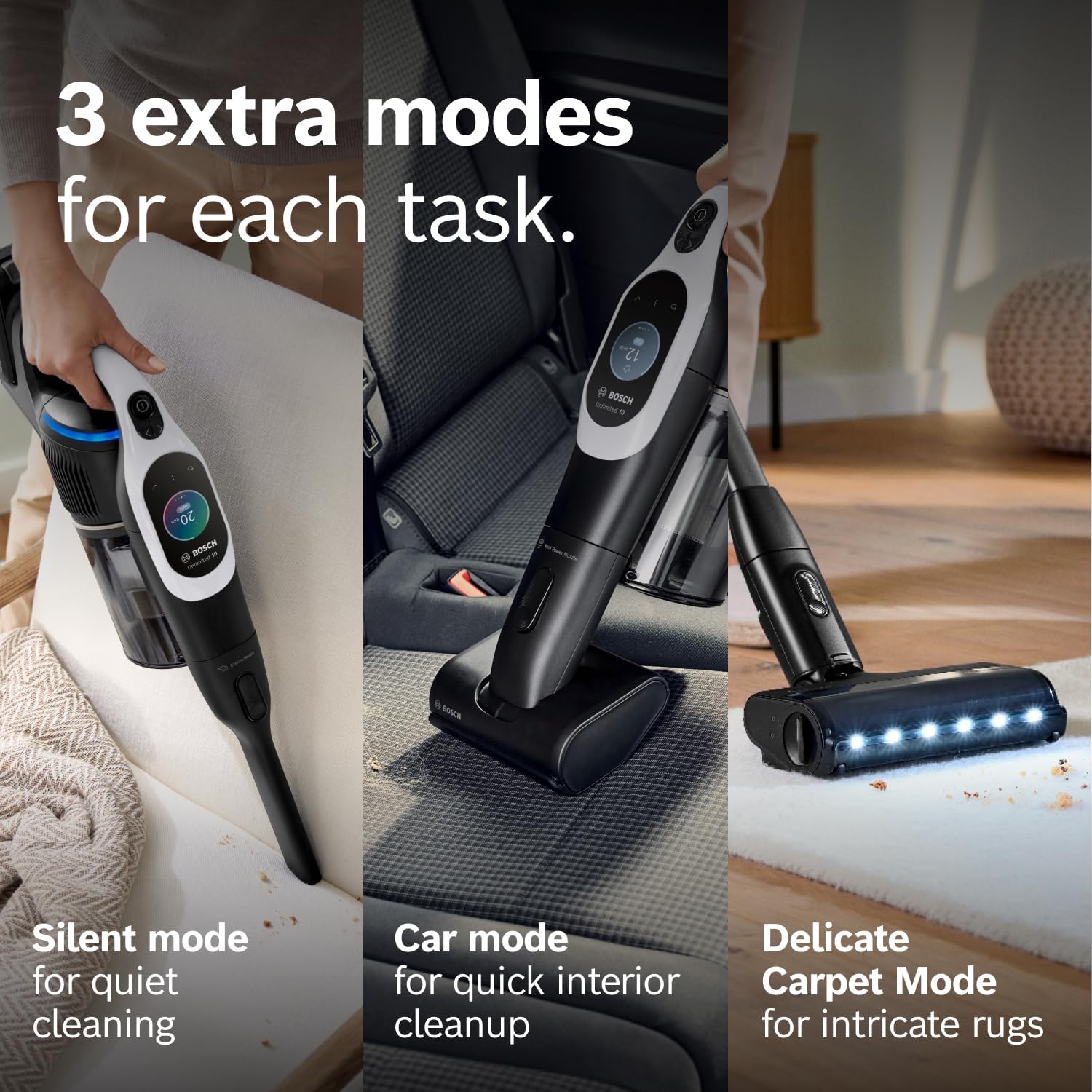 Bosch Unlimited 10 Cordless Stick Vacuum Cleaner - Up to 80 Min Battery, Pet Hair, Hard Floors, Carpets, HEPA Filter, Bendable Tube for Under Furniture, Upholstery, 3 Accessories, White