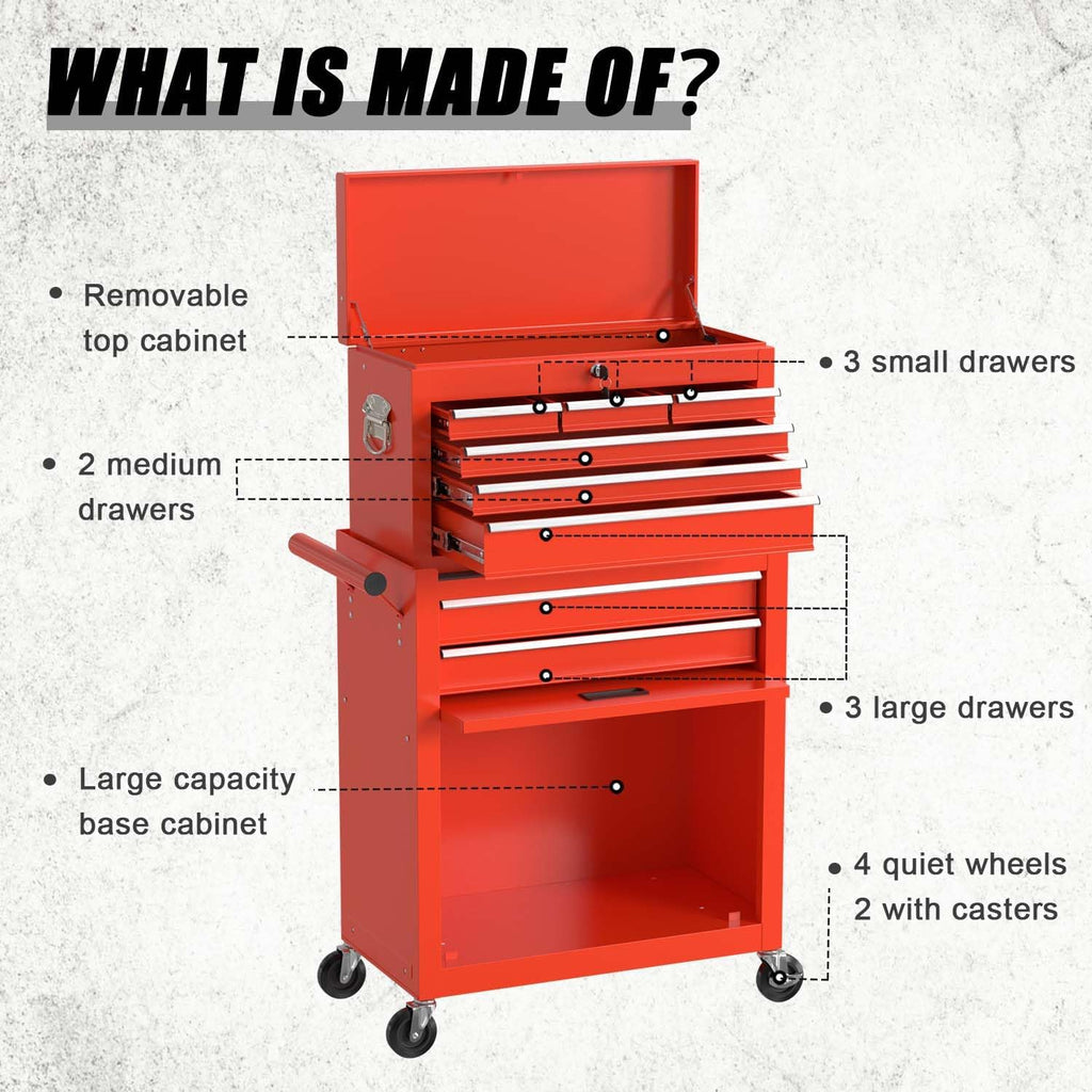 8-Drawer Tool Chest with Wheels,High Capacity Rolling Tool Box with Wheels,Locking Mechanical Tool Chest,Metal Tool Box for Garage Workshop (Red)