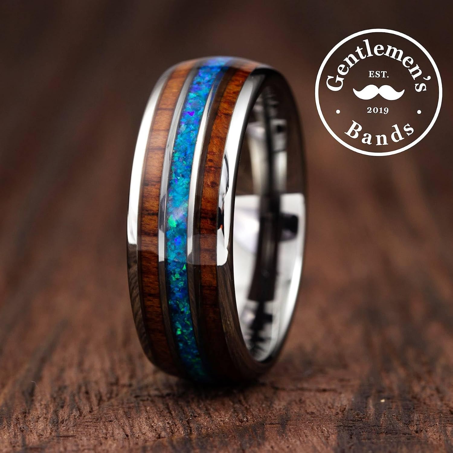 Gentlemen's Bands Premium Silver Tungsten Wedding Band with Royal Blue Opal & Koa Wood Inlay | Wedding Ring Is Ideal Gift | Package Includes Silicon Band, Walnut Ring Box, Leather Pouch