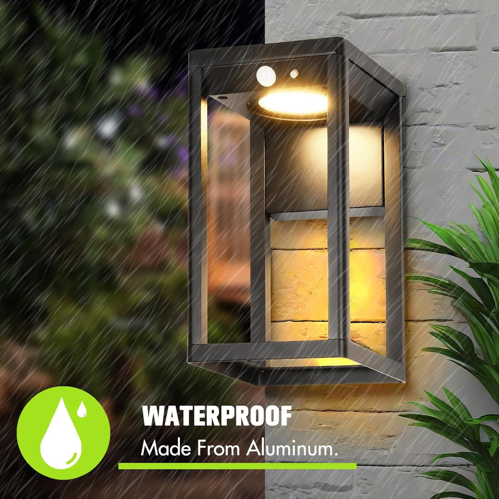 Solar Outdoor Wall Lights with Motion Sensor - 600 Lumen Aluminum Solar Sconce Lights Outdoor, Dusk to Dawn Wall Lantern for Garage, Porch, Front Door. IP44 Waterproof, 2 Pack, Black