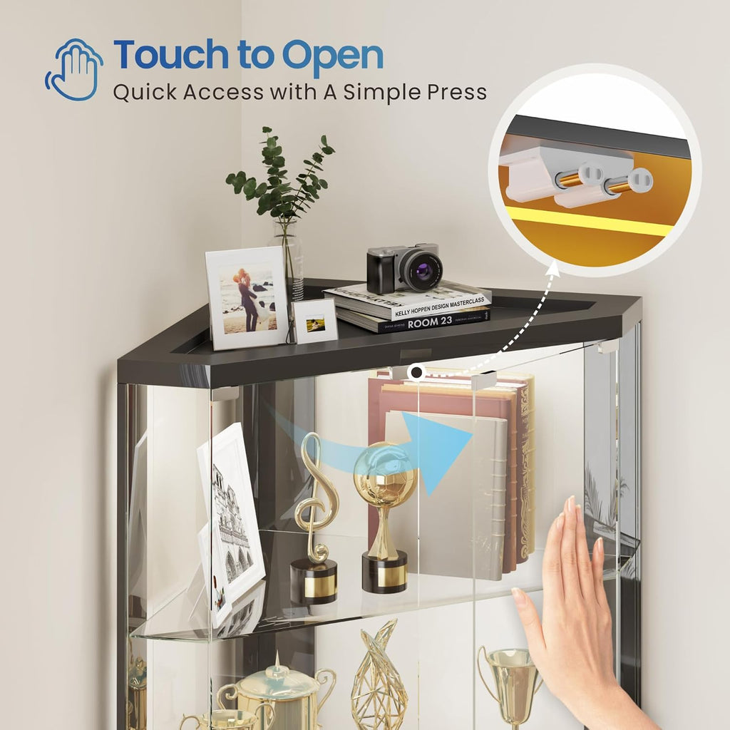 HNEBC Corner Display Case with - RGB Lights and Glass Shelves,5-Tier Corner Curio Cabinet with Glass Doors & Human Body Sensor,69' Showcase Display Cabinet for Collectibles,Living Room(Black)