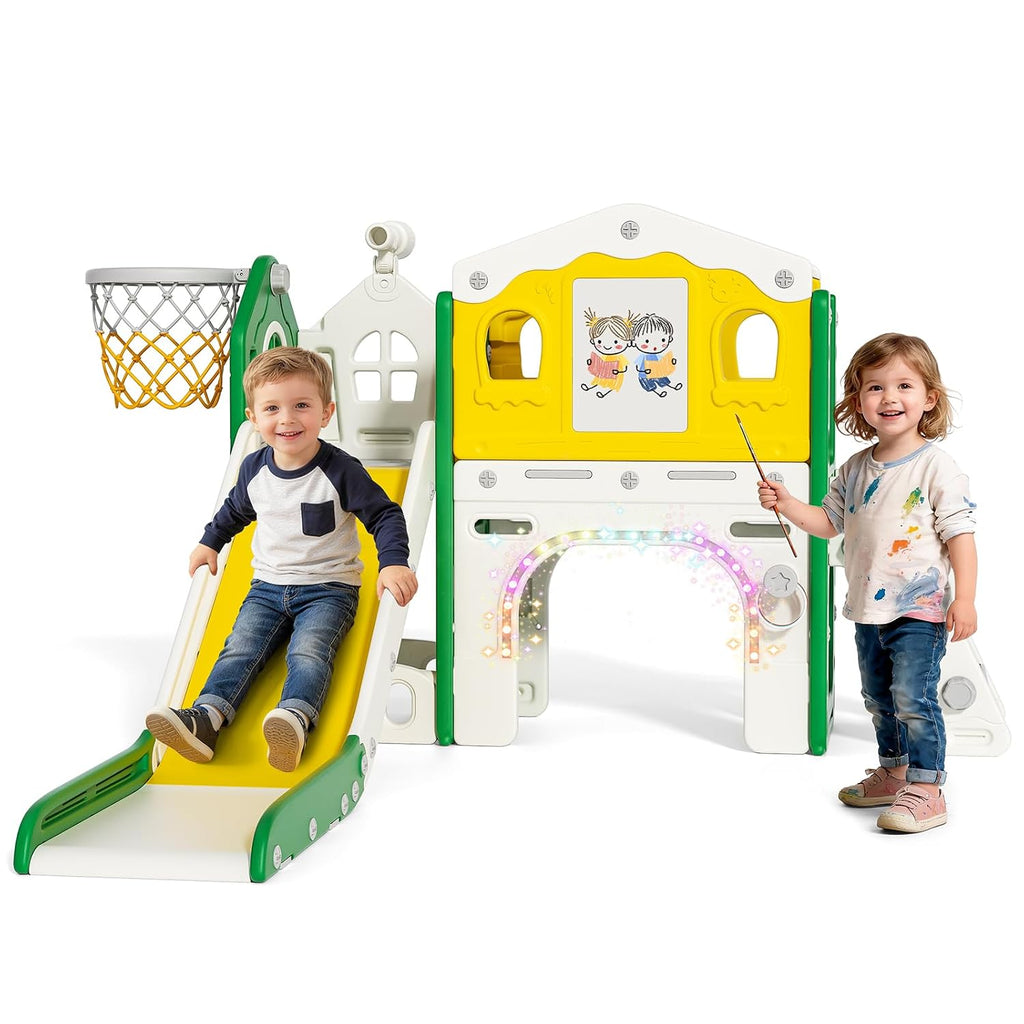 BIERUM 9 in 1 Toddler Slide Set - Baby Slide for Toddlers 1-3 with Colorful Lights, Drawing Board and Building Blocks Board, Indoor Outdoor Toddler Playset Playground, Green Yellow
