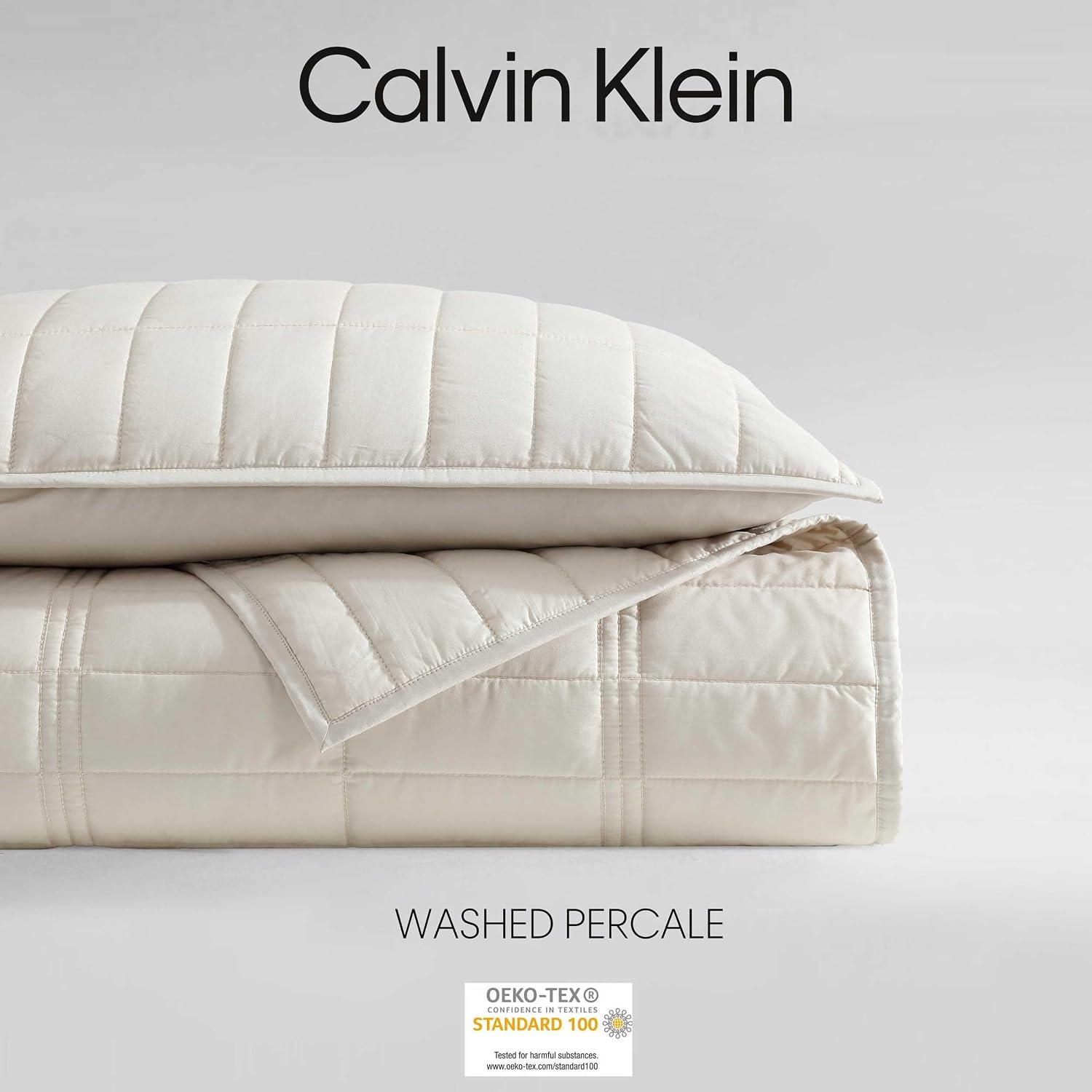 Calvin Klein - Twin Quilt Set, Cotton Percale Weave Bedding with Matching Sham, Crisp & Cool, Dorm Essentials, Oeko-Tex Certified (Washed Percale Light Beige)