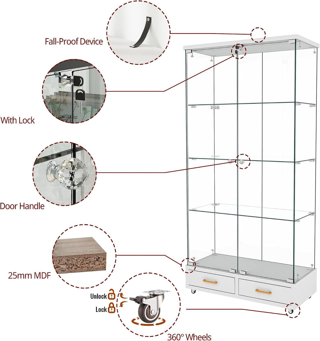 Modern Glass Display Cabinet with LED Light 4-Shelf Curio Cabinets with Storage Drawer and Wheels,Tempered Glass Display Shelf Bookcase for Living Room Home Office