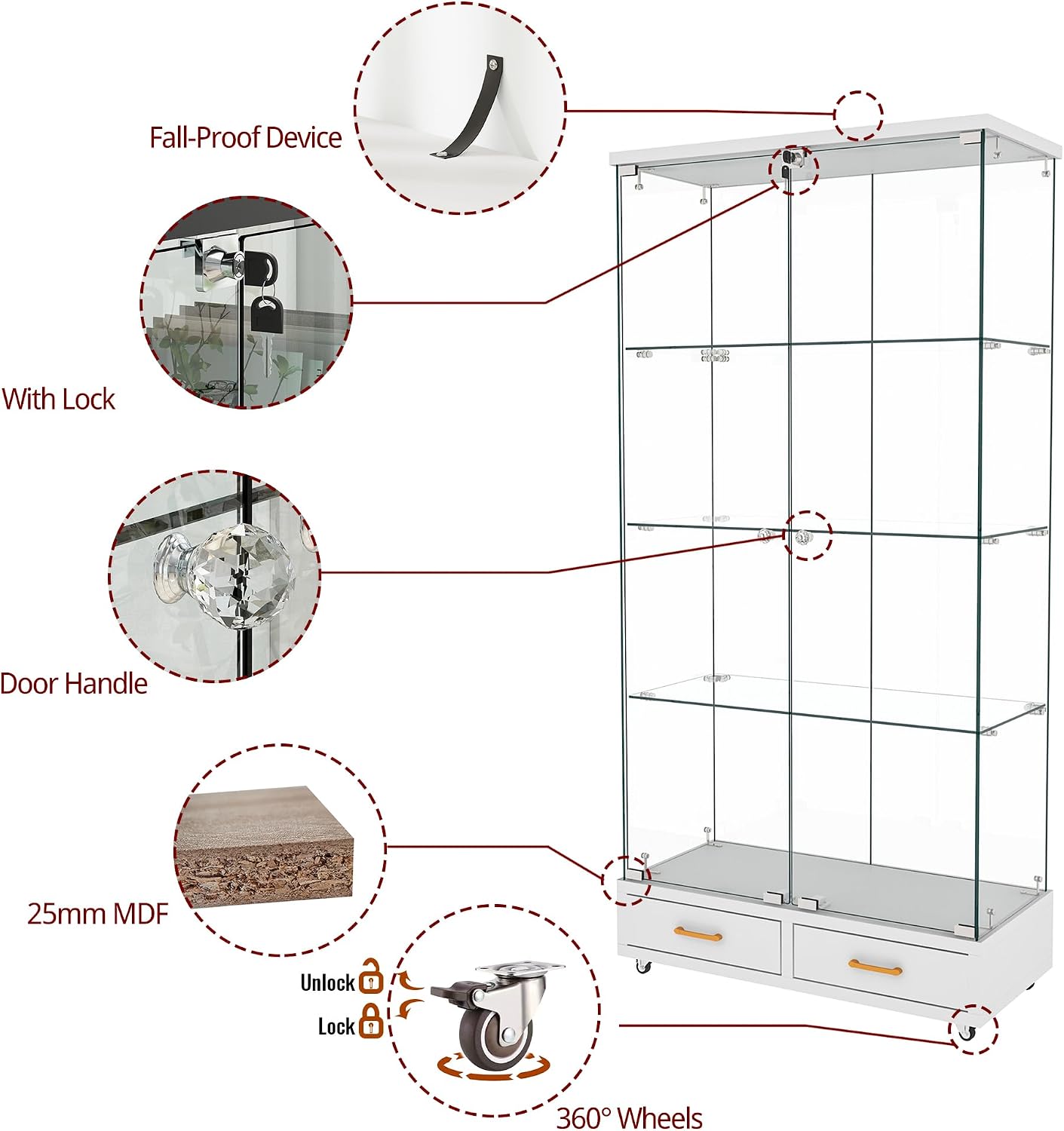 Modern Glass Display Cabinet with LED Light 4-Shelf Curio Cabinets with Storage Drawer and Wheels,Tempered Glass Display Shelf Bookcase for Living Room Home Office