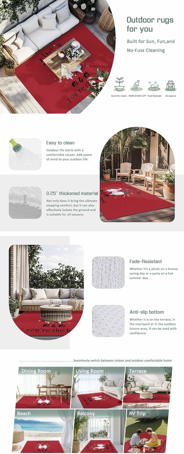 Outdoor Rug 4x6ft Happy Mother's Day Cute Gnomes with Hearts Patio Area Rugs Waterproof Easy Cleaning Non Shedding Thick Mats Red Carpet for Indoor Outdoor Porch Deck Backyard Balcony