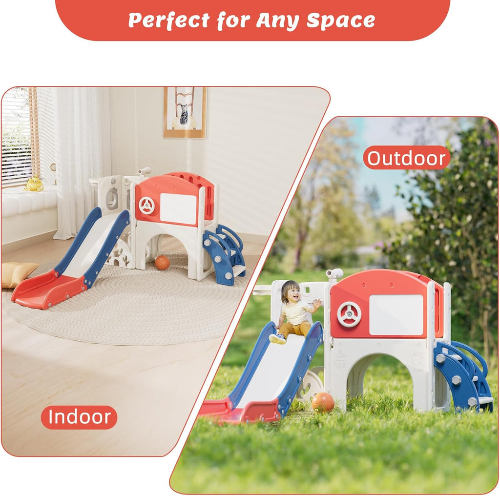 67i 10 in 1 Toddler Slide Playset for 1-3 Years - 1-Hour Easy Assembly, Sturdy Compact Design, Indoor/Outdoor Playground with Drawing Board, Golf & Climbing Skill Development (Red Blue)