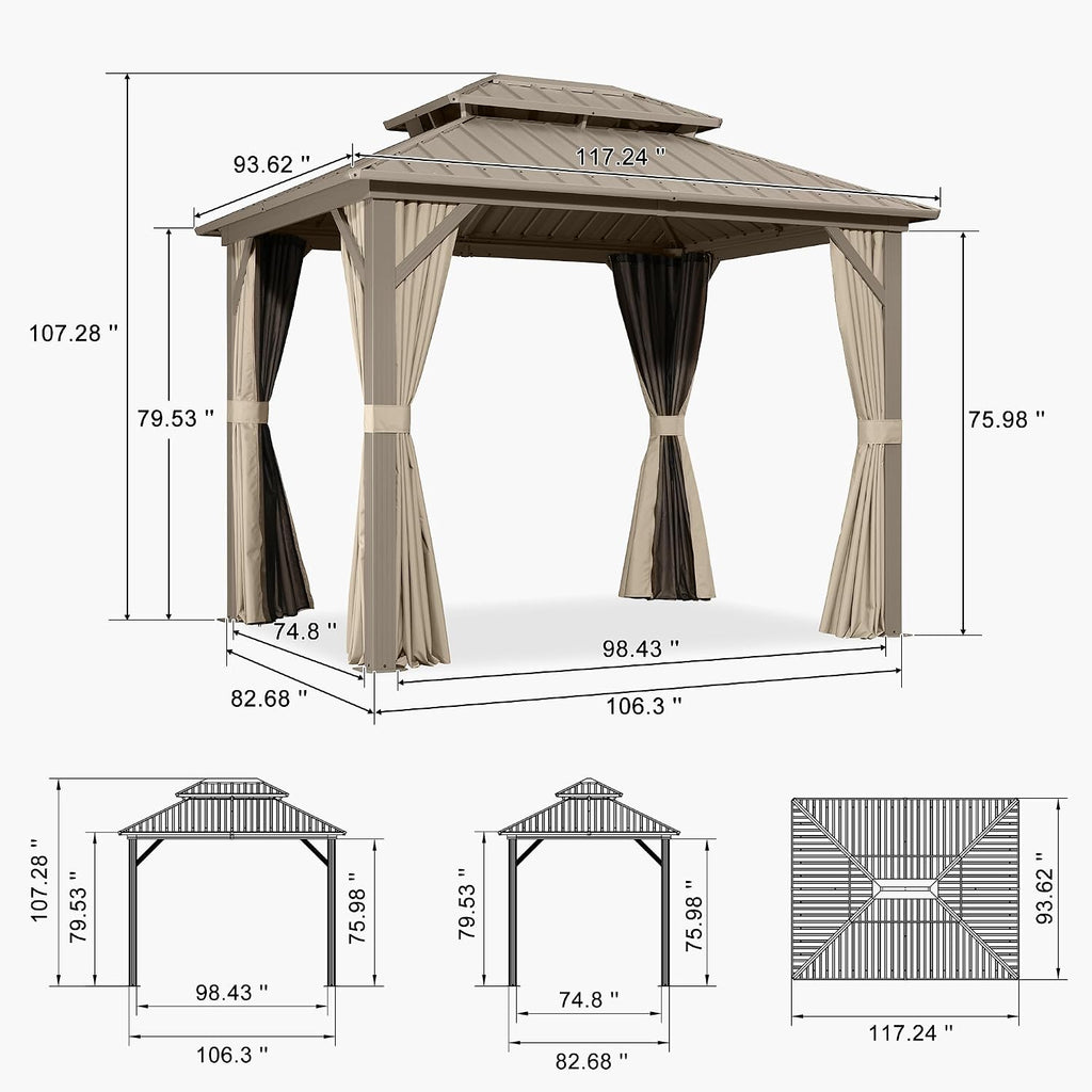 PURPLE LEAF 8' x 10' Outdoor Gazebo, Champagne Hardtop Metal Gazebo with Galvanized Steel Double Roof, Curtains and Netting for Patio Lawn and Garden
