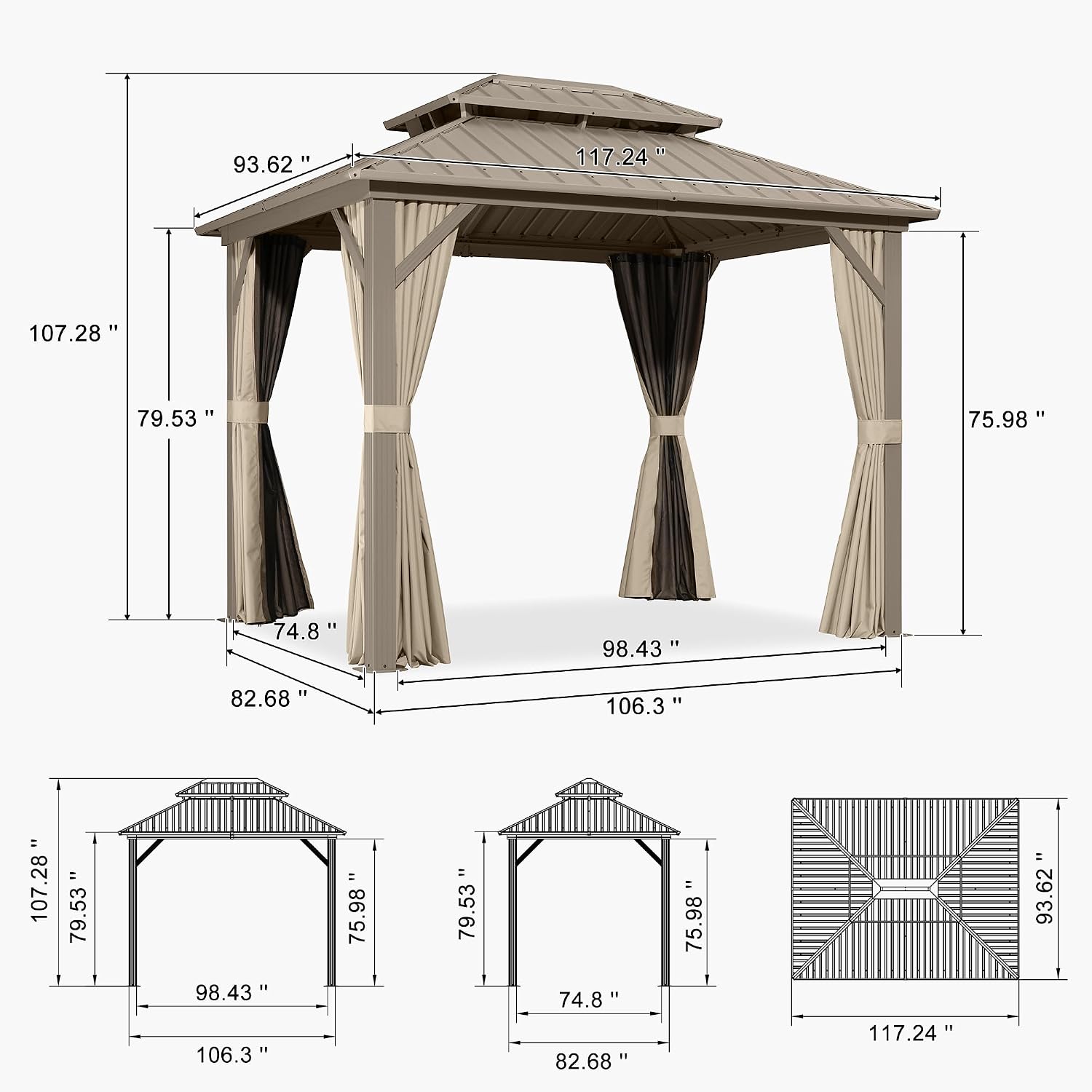PURPLE LEAF 8' x 10' Outdoor Gazebo, Champagne Hardtop Metal Gazebo with Galvanized Steel Double Roof, Curtains and Netting for Patio Lawn and Garden