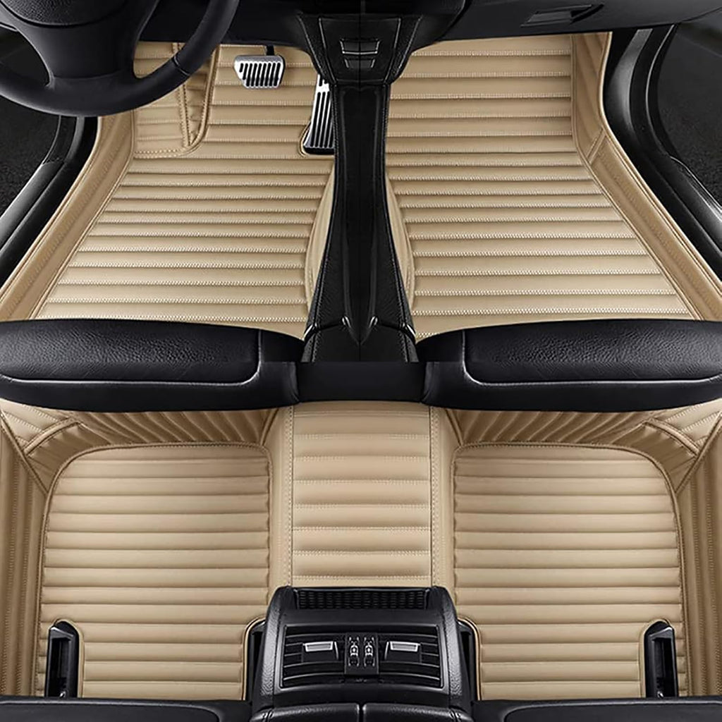 AGAATI for Mini Coupe 2009-2017 Custom Car Floor Mats, Front Rear Full Coverage Leather Stripe Floor Liners Protectors Anti-Slip Carpets Pads Interior Accessories,C/Beige