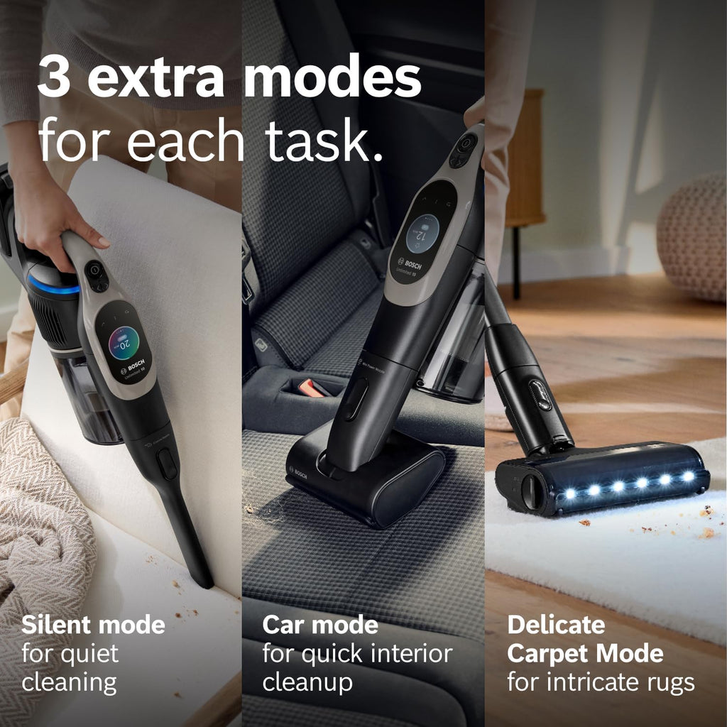 Bosch Unlimited 10 Cordless Stick Vacuum Cleaner - 2 Batteries Included, Up to 140 Min Total, Bendable Tube, Fast Charger, Pet Hair, Hard Floors and Carpets, 7 Accessories, Dark Cream