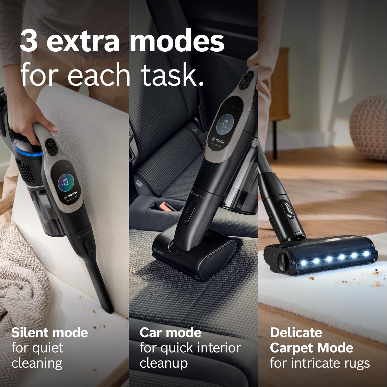 Bosch Unlimited 10 Cordless Stick Vacuum Cleaner - 2 Batteries Included, Up to 140 Min Total, Bendable Tube, Fast Charger, Pet Hair, Hard Floors and Carpets, 7 Accessories, Dark Cream