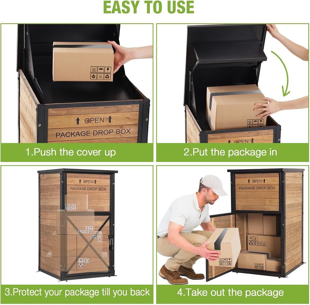 GUTINNEEN Package Delivery Box for Outside Large Parcel Drop Box,Metal Frame Solid Wood, Anti-Theft Baffle, Password Lock,Gas-Strut Lid,Weatherproof for Multiple Packages, 22.2' L x 27.5' D x 40.6' H