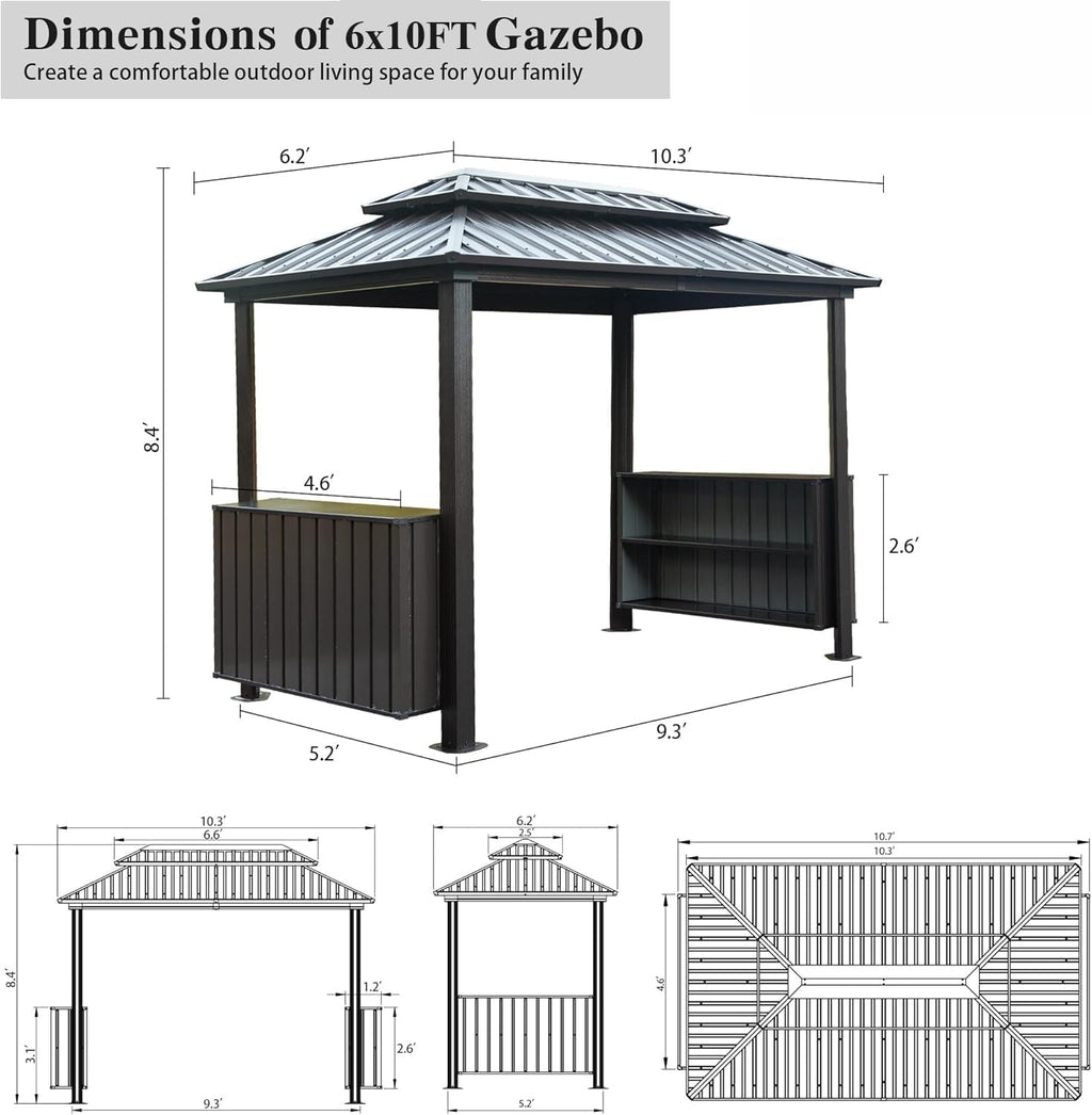 6x10FT Hardtop Grill Gazebo, Outdoor BBQ Gazebo with Double Galvanized Steel Roof, Patio Grill Canopy with 2 Cabinets and Ceiling Hooks for Backyard, Lawn, Garden, Brown
