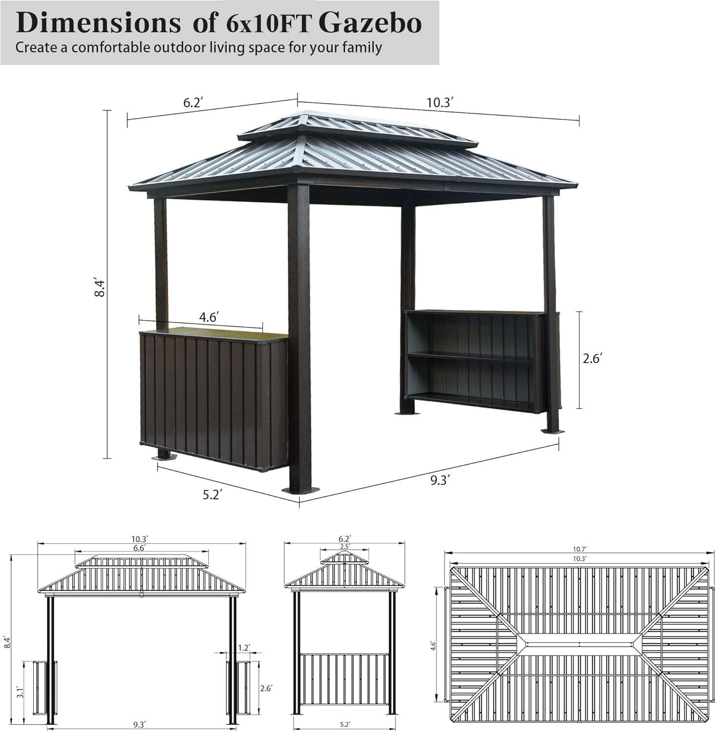 6x10FT Hardtop Grill Gazebo, Outdoor BBQ Gazebo with Double Galvanized Steel Roof, Patio Grill Canopy with 2 Cabinets and Ceiling Hooks for Backyard, Lawn, Garden, Brown