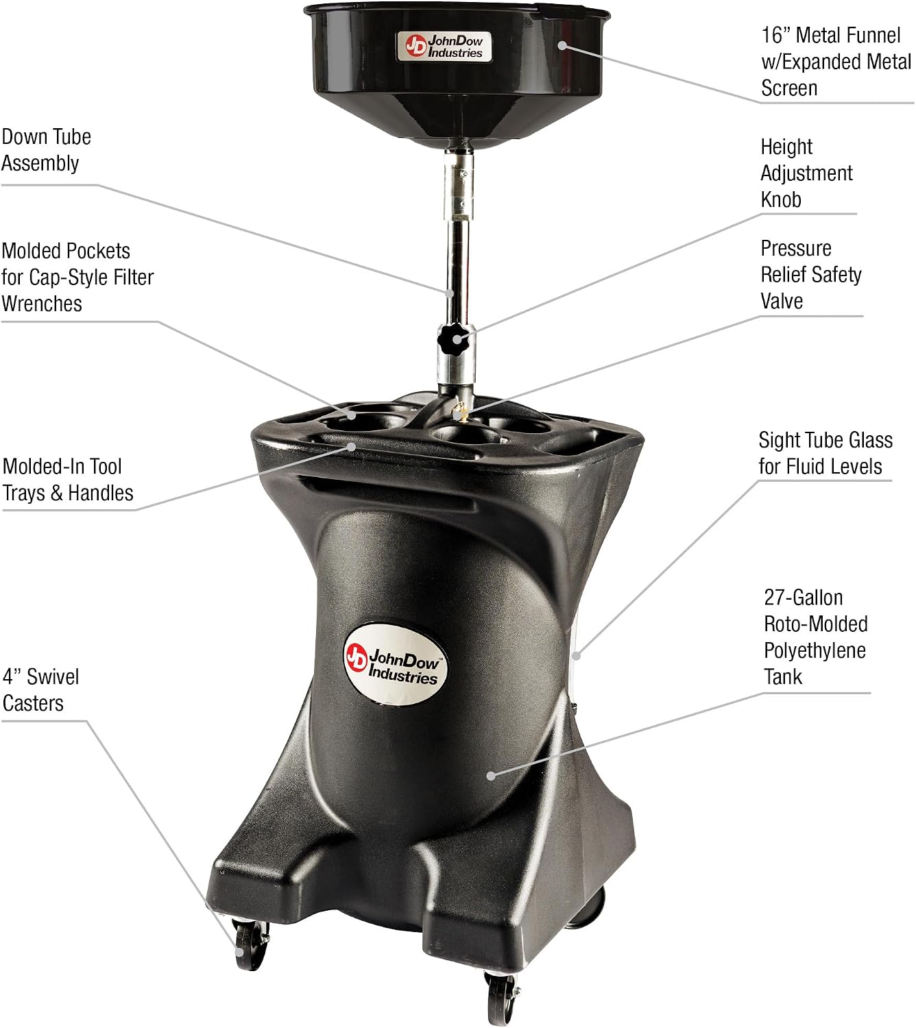JohnDow Industries JDI-27DC 27 Self-Evacuating Portable Oil Drain, 16 inch Diameter Centered Funnel, Adjustable Funnel Height of 45 in. to 70 in. with Molded in Tool Tray for Oil Filters and Tools