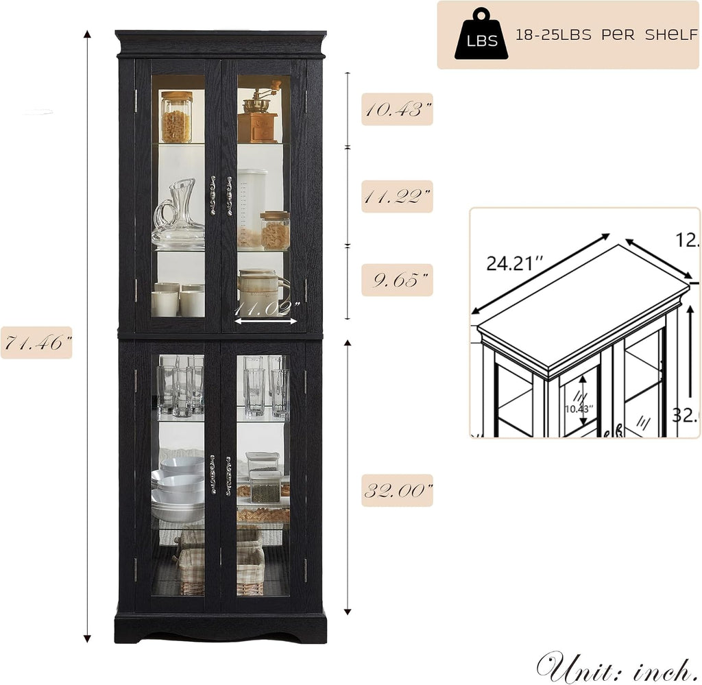 71' Lighted Curio Cabinet with 6 Adjustable Shelves, Vintage Glass Display Case, Tempered Glass Doors, Tall Wine Bar Cabinet for Living Room Liquor Storage, Bulb Included (Black & Arched bottom)