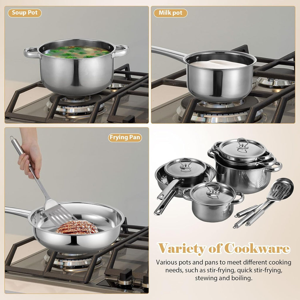 15pcs Stainless Steel Cookware Set with Lids and Cooking Utensils, Induction Compatible Kitchen Pots and Pans Set with Composite Bottom for Gas, Electric, and Induction Stoves