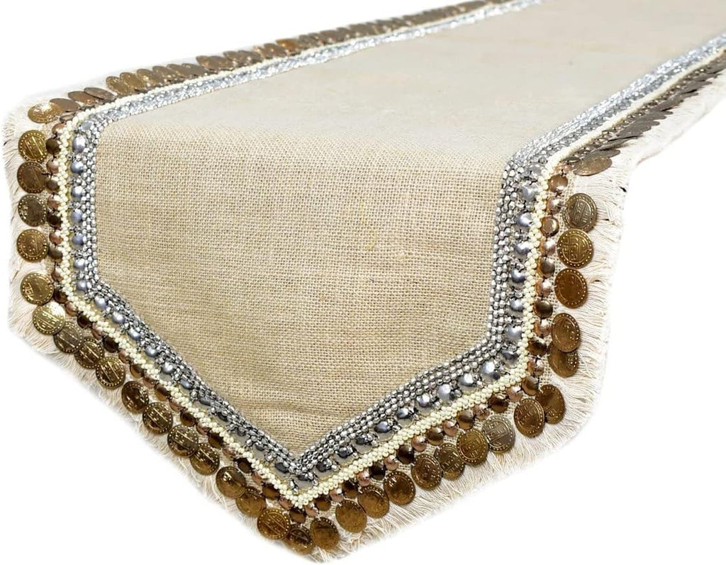 The HomeCentric Decorative Beige 6-8 Seater Table Runner (16 x 90 inch), Lace, Bead, Sequins, Burlap, Embroidered & Moroccan, Burlap Fabric Table Linen, Bordered Pattern Contemporary Style - Marima