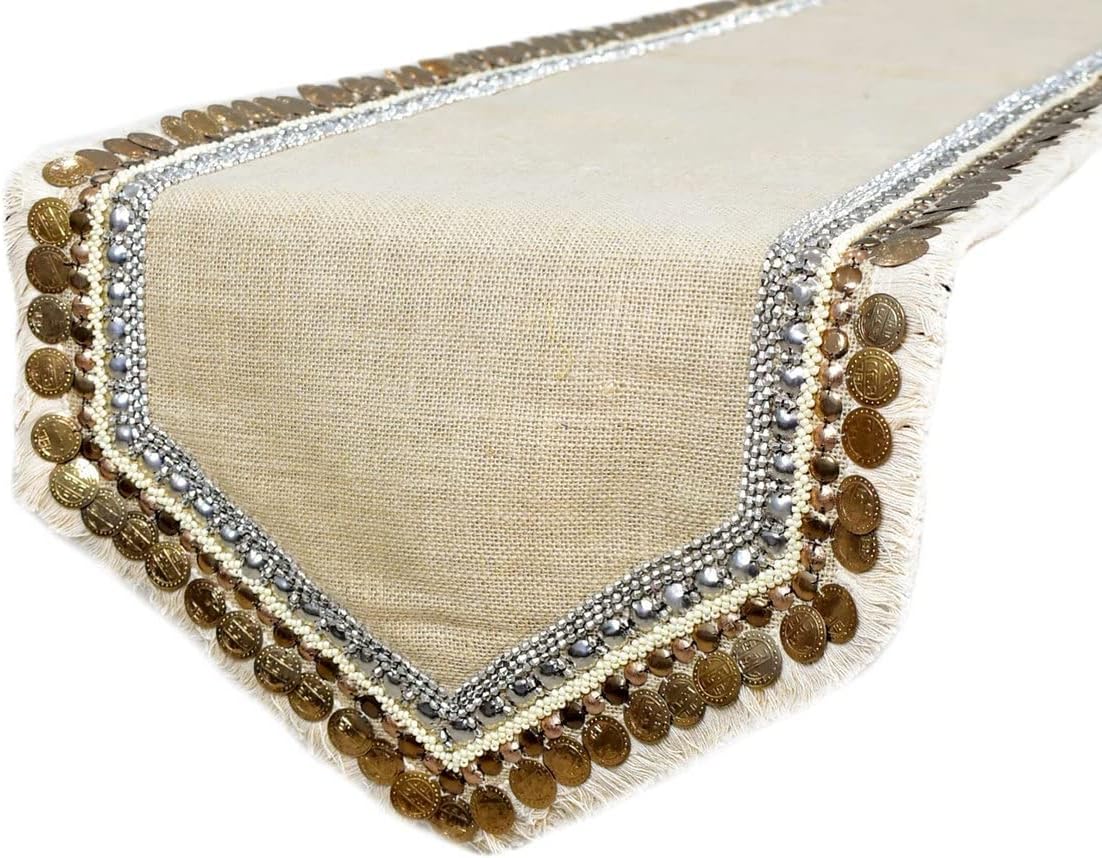 The HomeCentric Decorative Beige 8 Seater Table Runner (14 x 108 inch), Lace, Bead, Sequins, Burlap, Embroidered & Moroccan, Burlap Fabric Table Linen, Bordered Pattern Contemporary Style - Marima