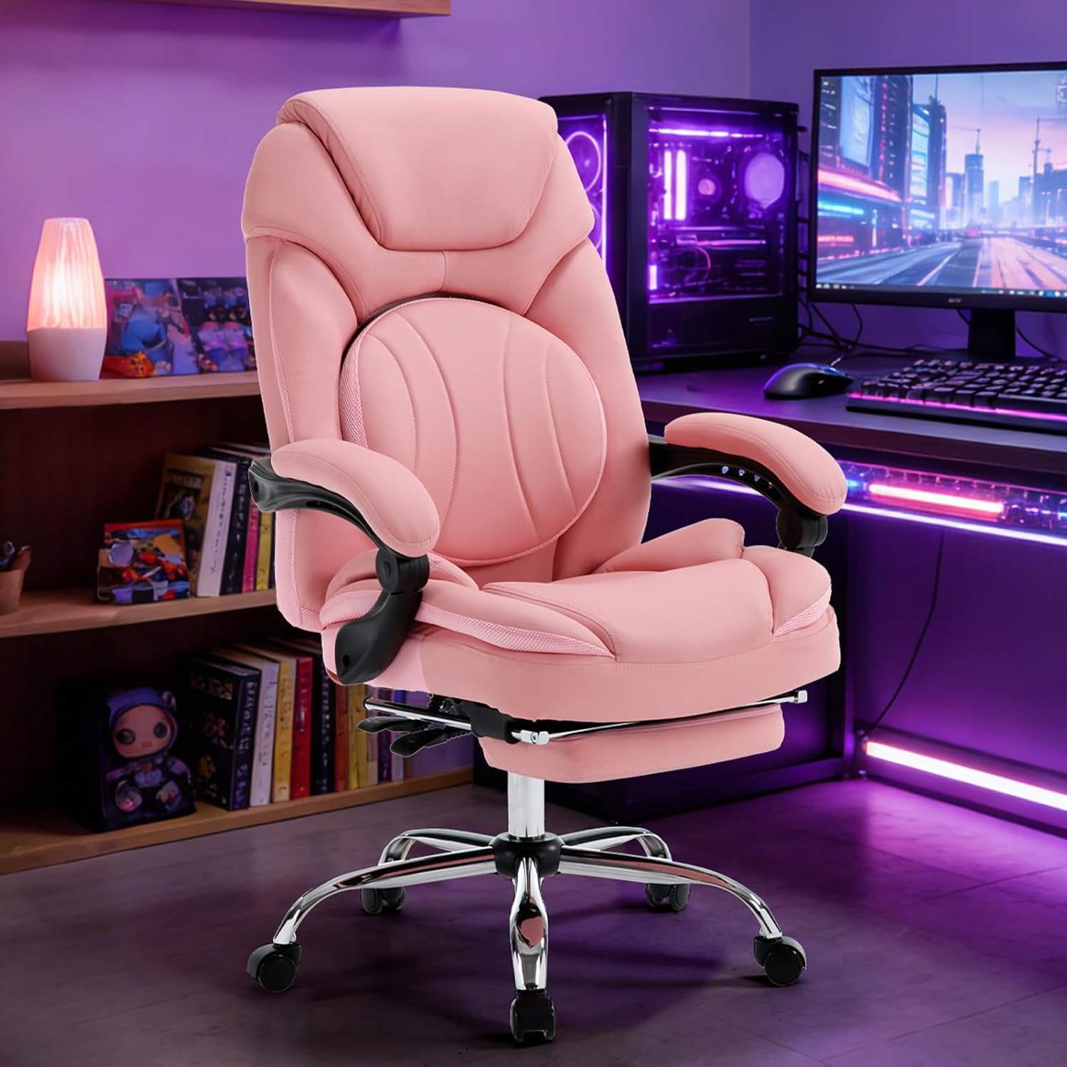 Comfy Reclining Office Chair with Footrest for Women Wide Seat Big Tall Computer Gaming Chair, 500lb Plus Size Ergonomic Recliner Office Desk Chair with Leg Rest, Pink