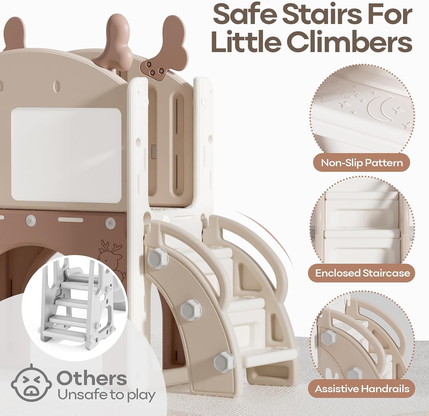 Mloong Toddler Slide for Kids - 11 in 1 Kids Slide for Toddlers Baby 1-3 Years Old, Indoor and Outdoor with Basketball Hoop Golf Drawing Set, Easy Assembly Elk Theme(Beige & Rosy Brown)(54×62×39in)