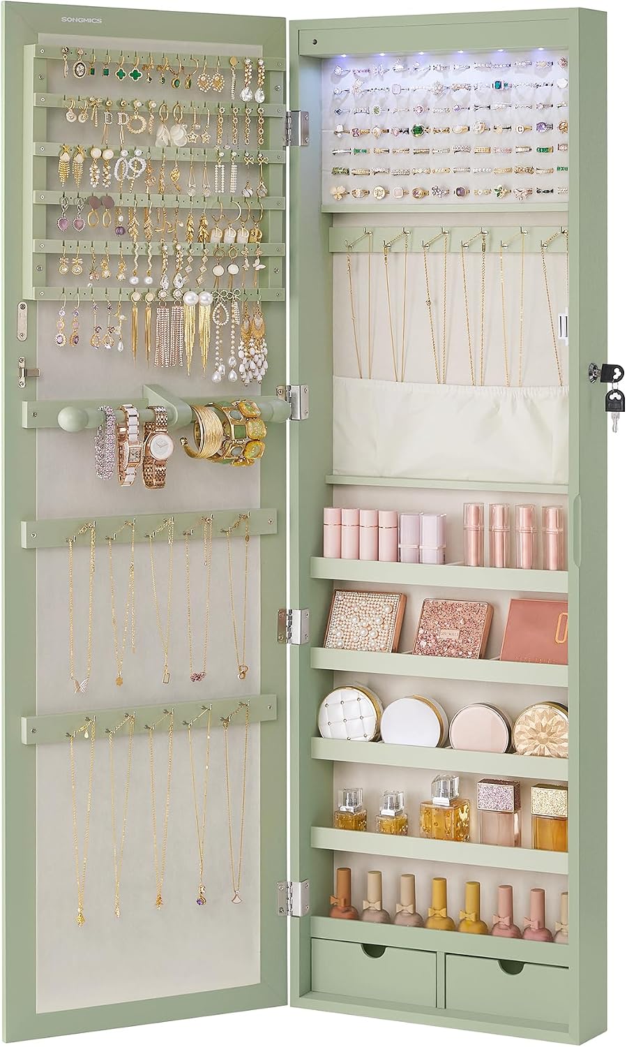 SONGMICS 6 LEDs Mirror Jewelry Cabinet, 47.2-Inch Tall Lockable Wall or Door Mounted Jewelry Armoire Organizer with Mirror, 2 Drawers, 3.9 x 14.6 x 47.2 Inches, Laurel Green UJJC093C01