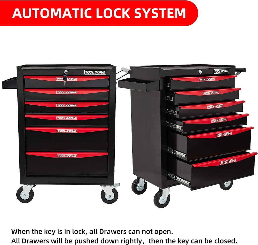 Rolling Tool Chest with Wheels, 6-Drawer Small Tool Cabinet, Metal Rolling Tool Box with Wheels and Locking System for Garage Warehouse Workshop Office Organizers and Storage (Black)