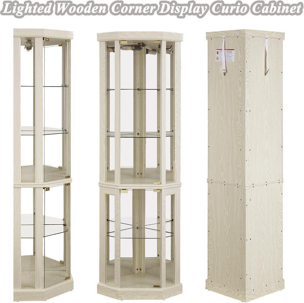 69' H Lighted Curio Cabinet Corner Display Case, Corner Glass Case with Adjustable Shelves and Tempered Glass, Wooden Curio Cabinet w/Mirrored Back Pane for Living Room