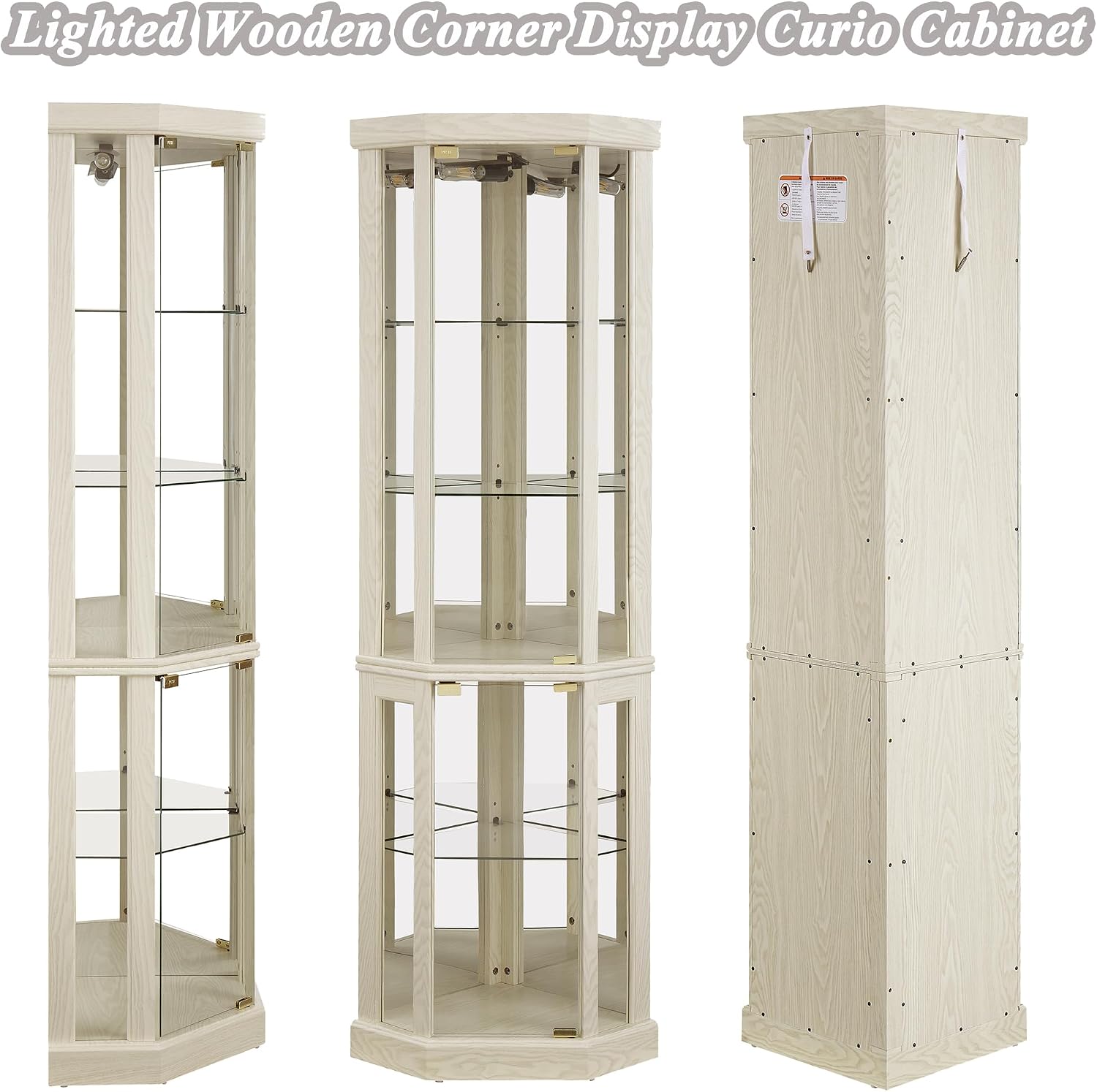 69' H Lighted Curio Cabinet Corner Display Case, Corner Glass Case with Adjustable Shelves and Tempered Glass, Wooden Curio Cabinet w/Mirrored Back Pane for Living Room