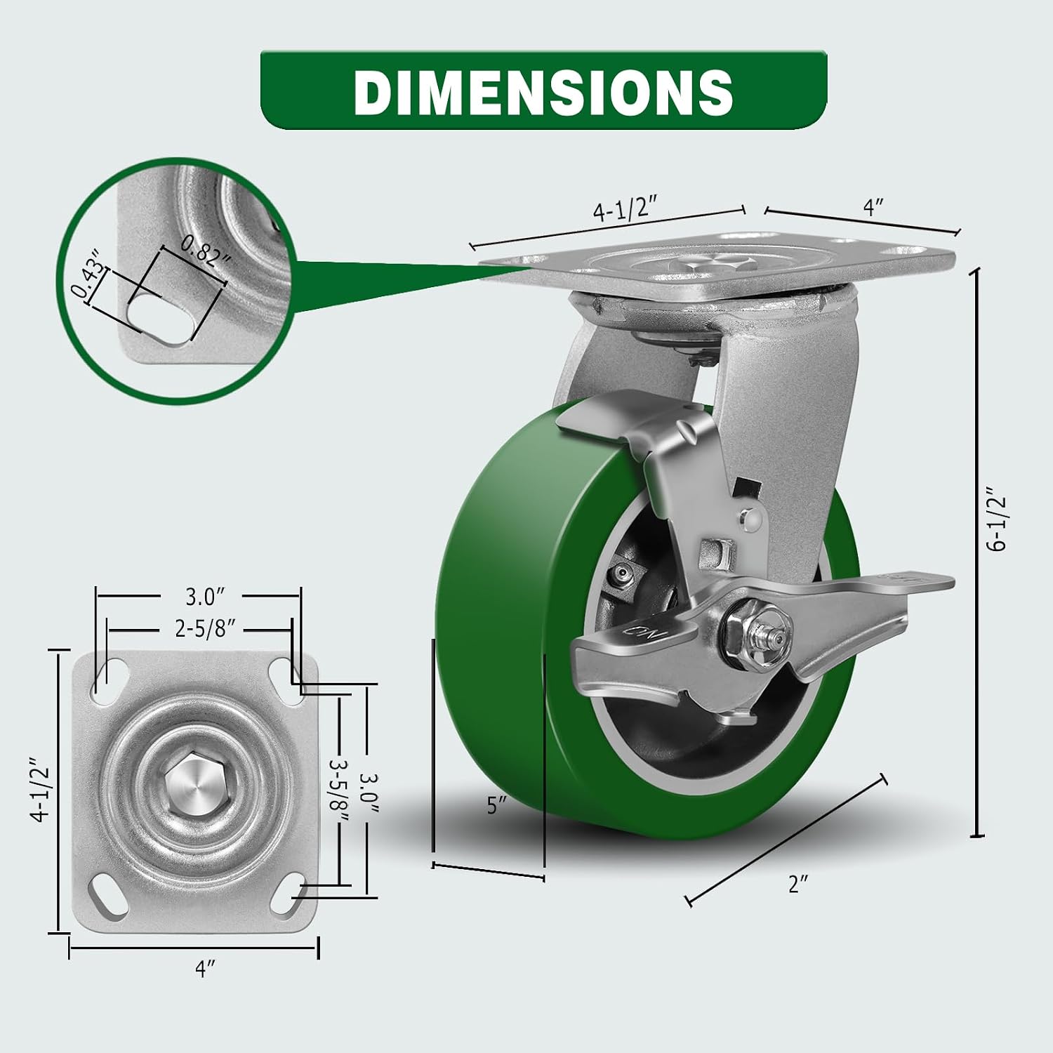 5'X2' Caster Wheels, Heavy Duty Casters Set of 4, Aluminum Core Thickened Polyurethane Industrial Casters for Toolbox Workbench,2 Swivel & 2 Brake, 4000 Lbs Total Capacity