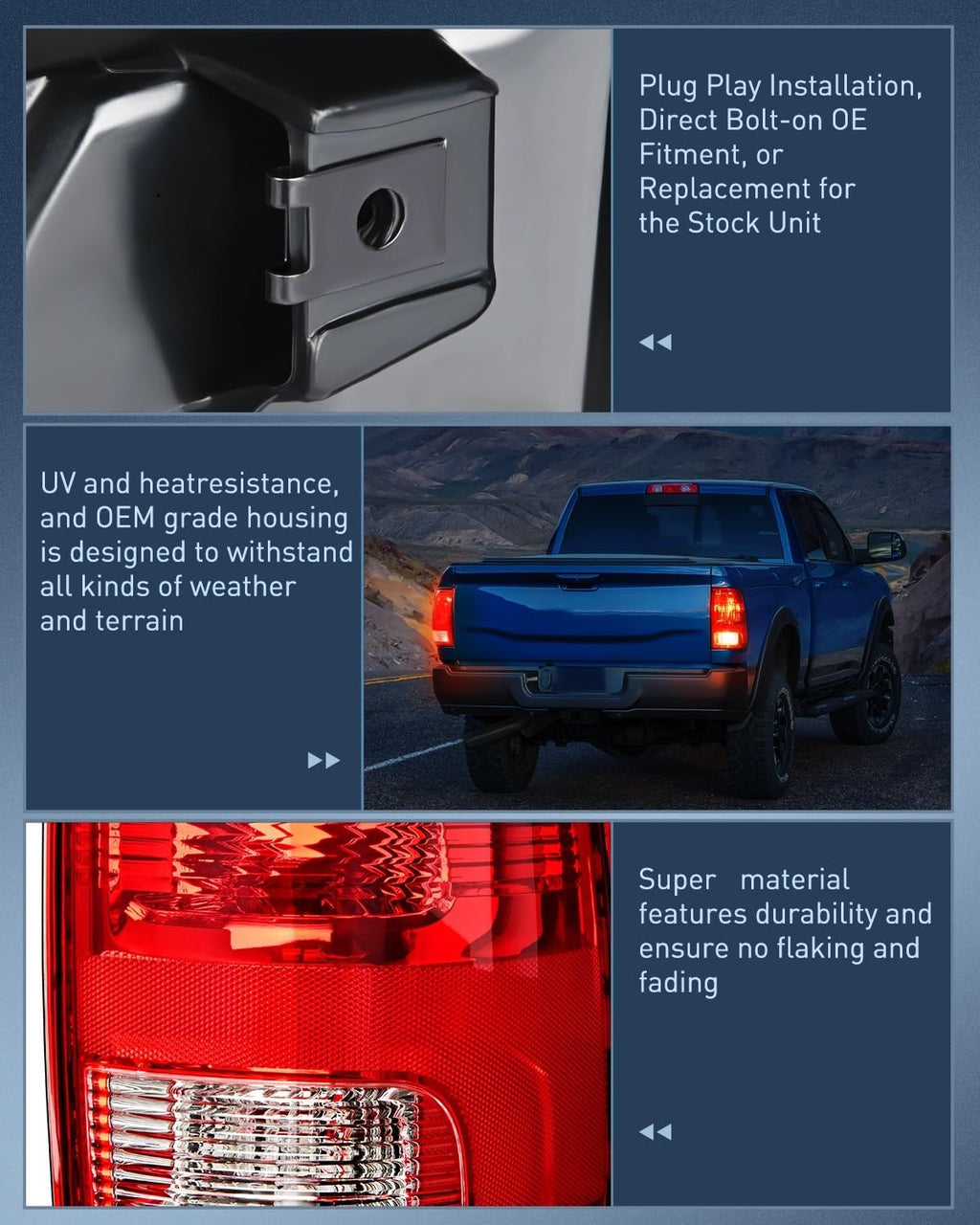 Nilight Headlight and Taillight Assembly Combo Compatible with 2009 2010 2011 2012 2013 2014 2015 2016 2017 2018 Dodge Ram for Quad Models Chrome Housing Clear Reflector with Red Housing Tail Light