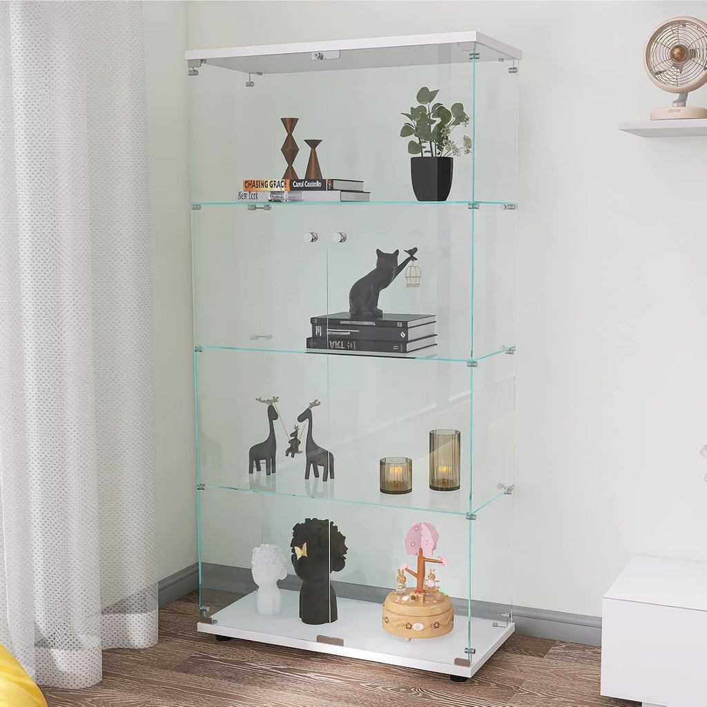 Modern 4-Tier Two-Door Glass Display Cabinet Shelves with Door Floor Standing Curio Glass Countertop Display Bookshelf for Living Room Bedroom Office