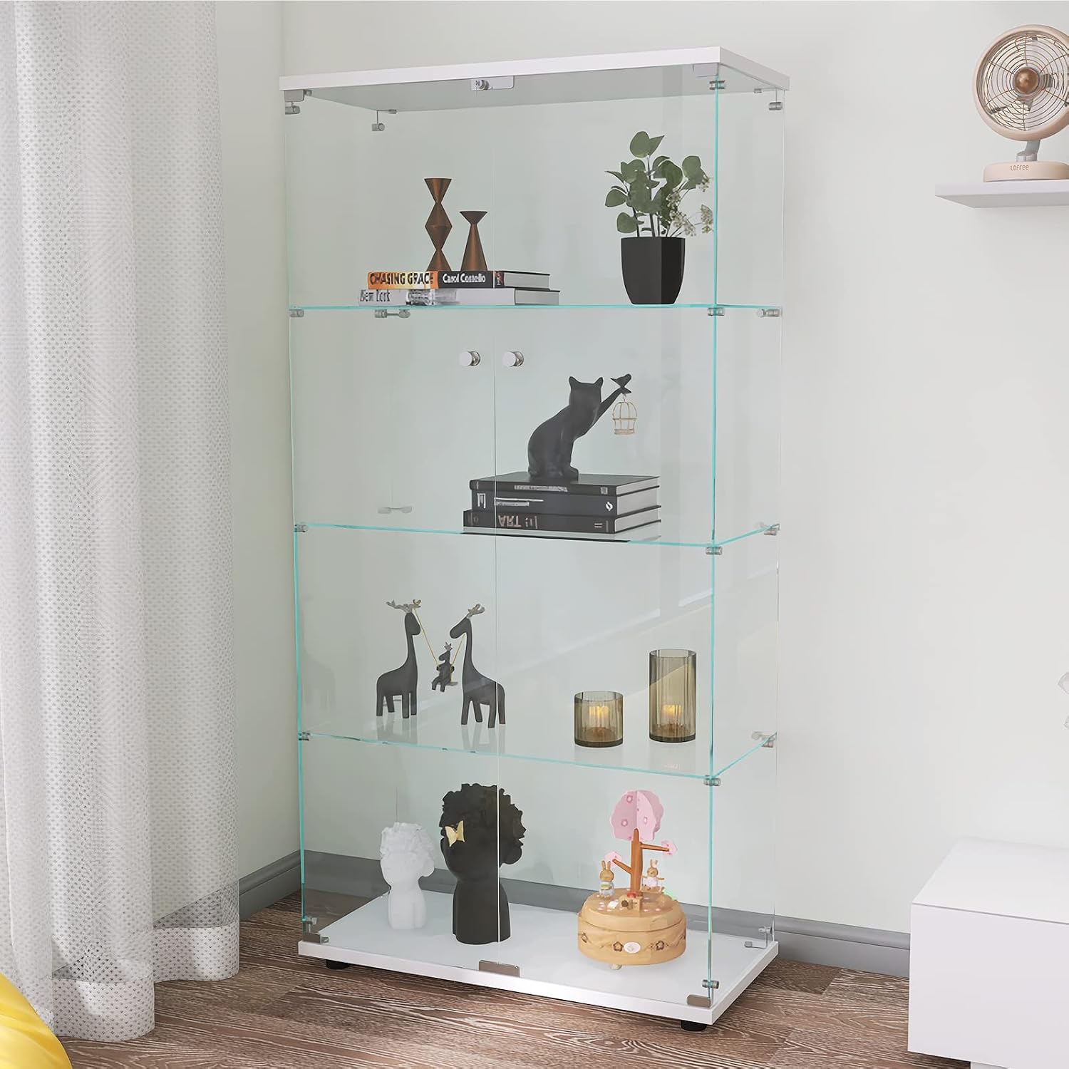 Modern 4-Tier Two-Door Glass Display Cabinet Shelves with Door Floor Standing Curio Glass Countertop Display Bookshelf for Living Room Bedroom Office