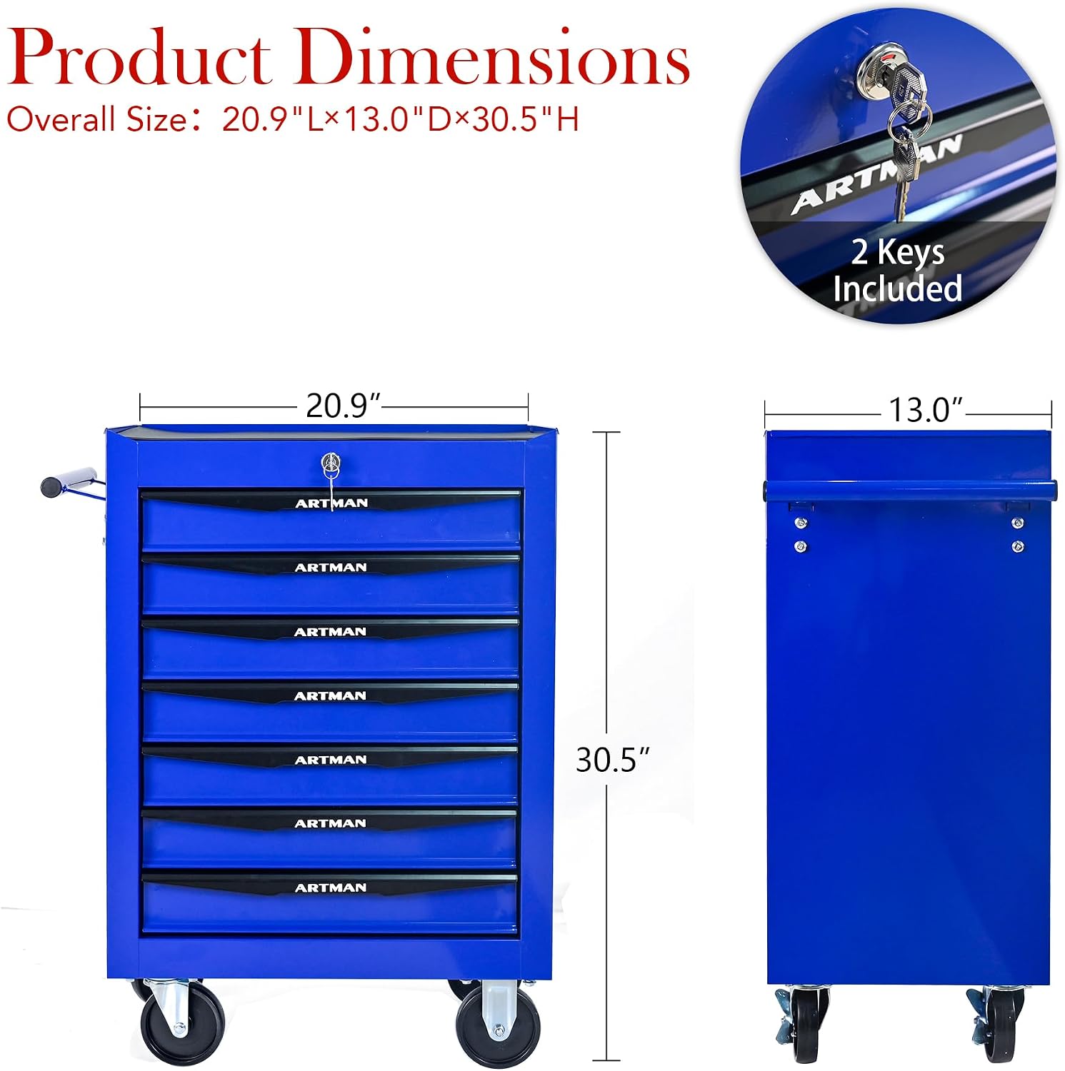 Rolling Tool Chest Cart with 7 Drawers,Storage Tool Cabinet on 4 Wheels. Lockable Tool Cart with Drawer Liners.Steel Tool Box Organizer for Garage,Repair Workshop-Blue